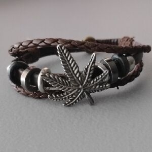 Brown Leather Bracelet with Silver Leaf Charm